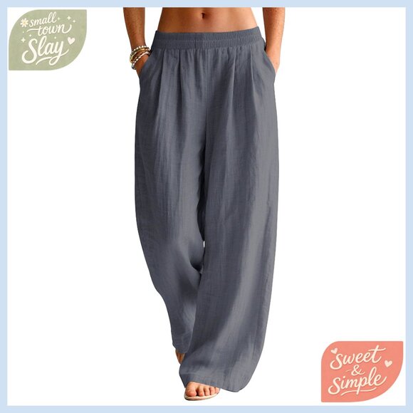 Wide Leg Palazzo Pants Elastic Waist Summer Linen Blend Travel Trousers